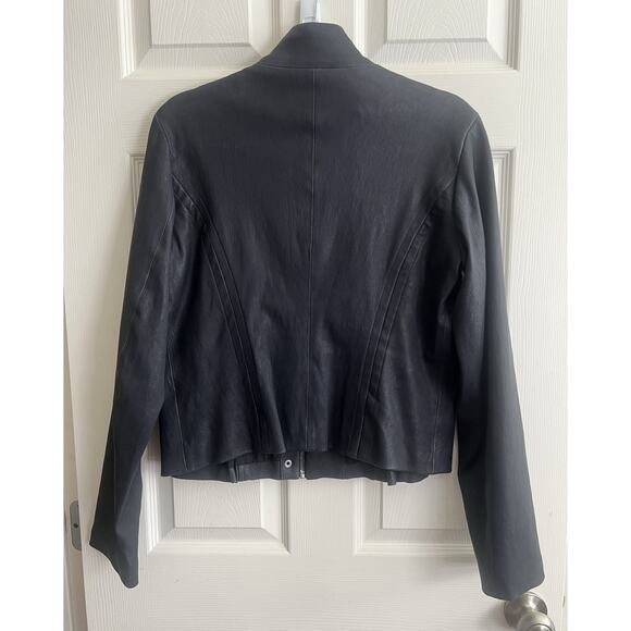 THEORY Women’s Dark Blue Lamb Leather Zip Moto Jacket Sz 12 Career Quiet Luxury - Picture 5 of 12
